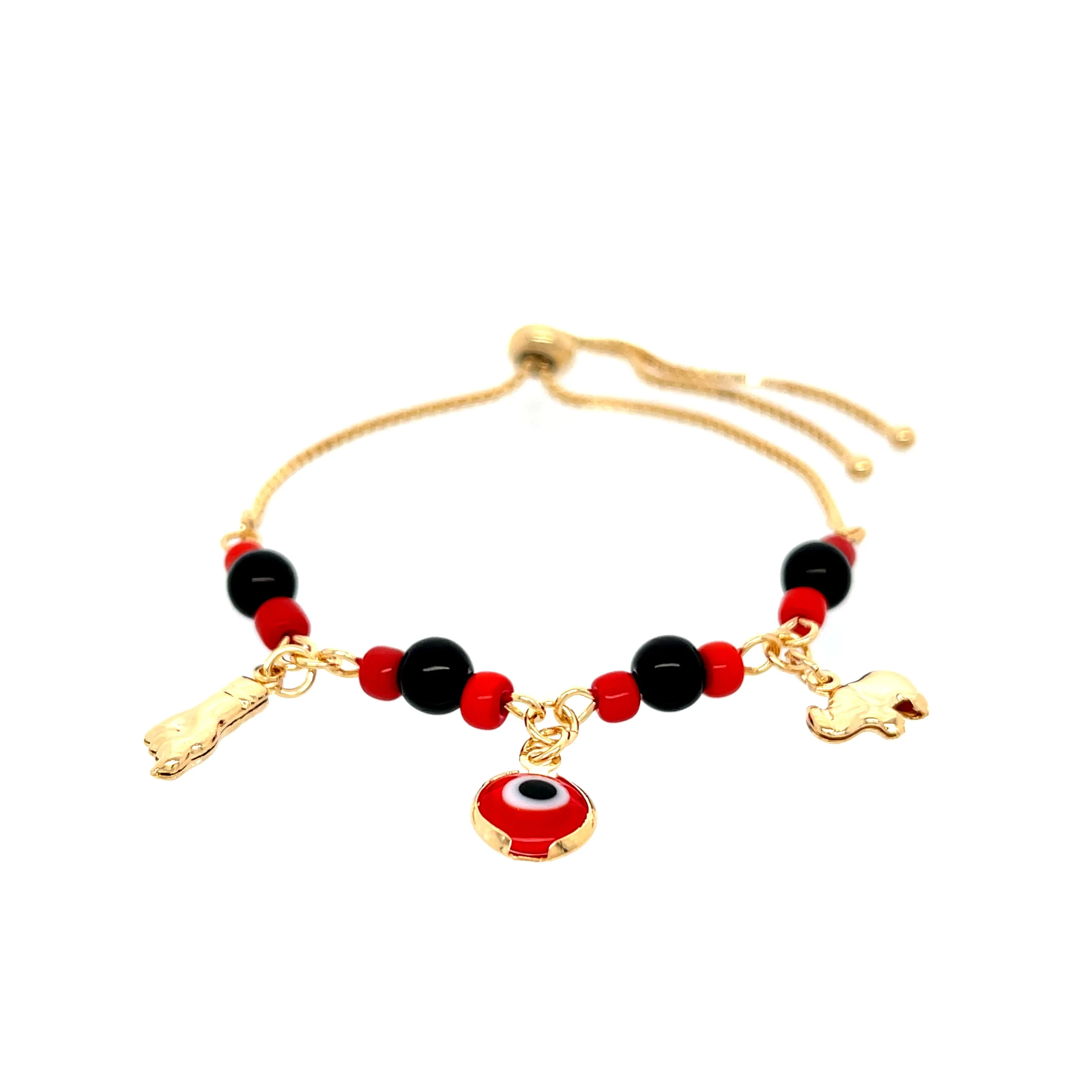 Red and Black Evil Eye, Figa hand and Elephant lucky charm bracelet adjustable gold filled