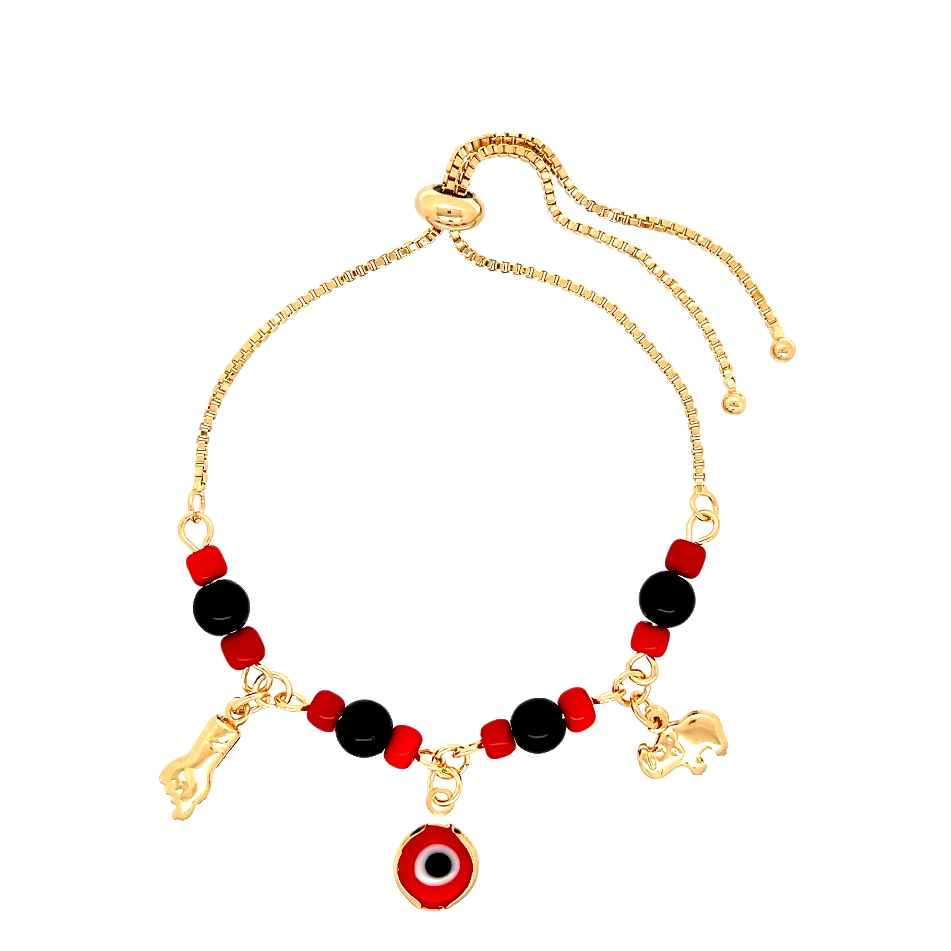 Red and Black Evil Eye, Figa hand and Elephant lucky charm bracelet adjustable gold filled