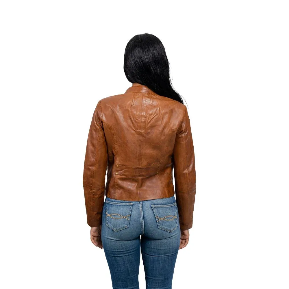 Rexie - Women's Fashion Leather Jacket (Dark Cognac)