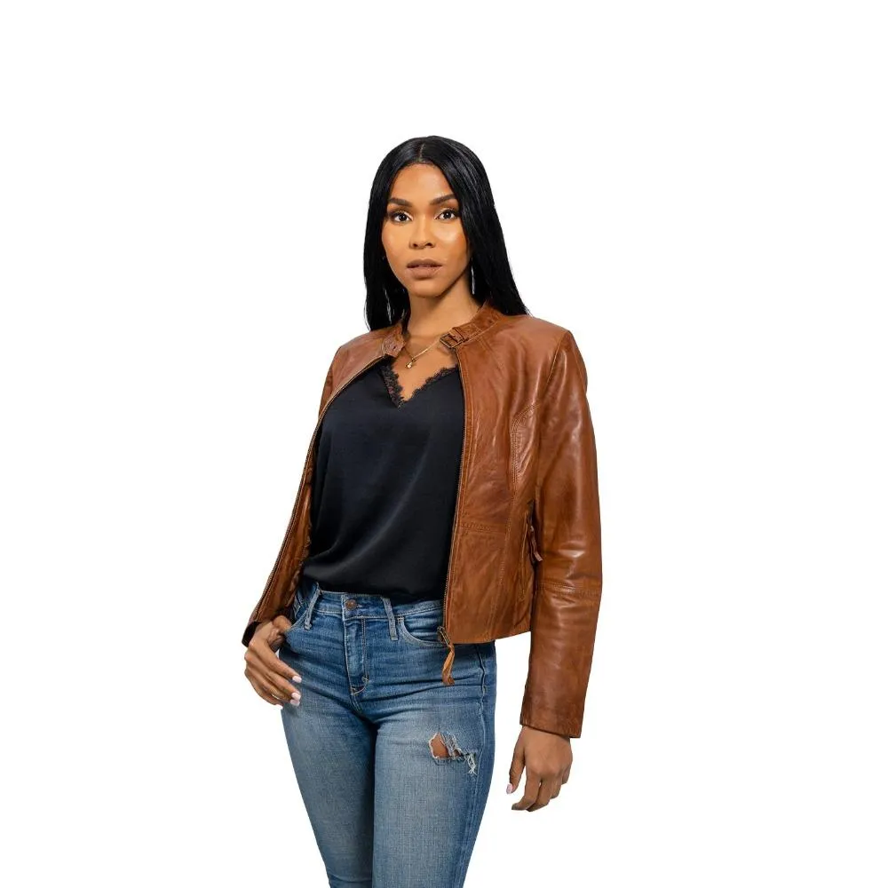 Rexie - Women's Fashion Leather Jacket (Dark Cognac)