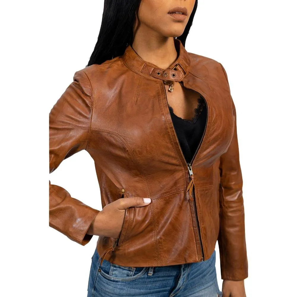 Rexie - Women's Fashion Leather Jacket (Dark Cognac)