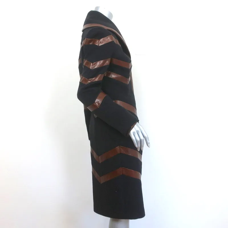 Richard Tyler Couture Coat Black Wool with Brown Leather Trim Size 8 NEW