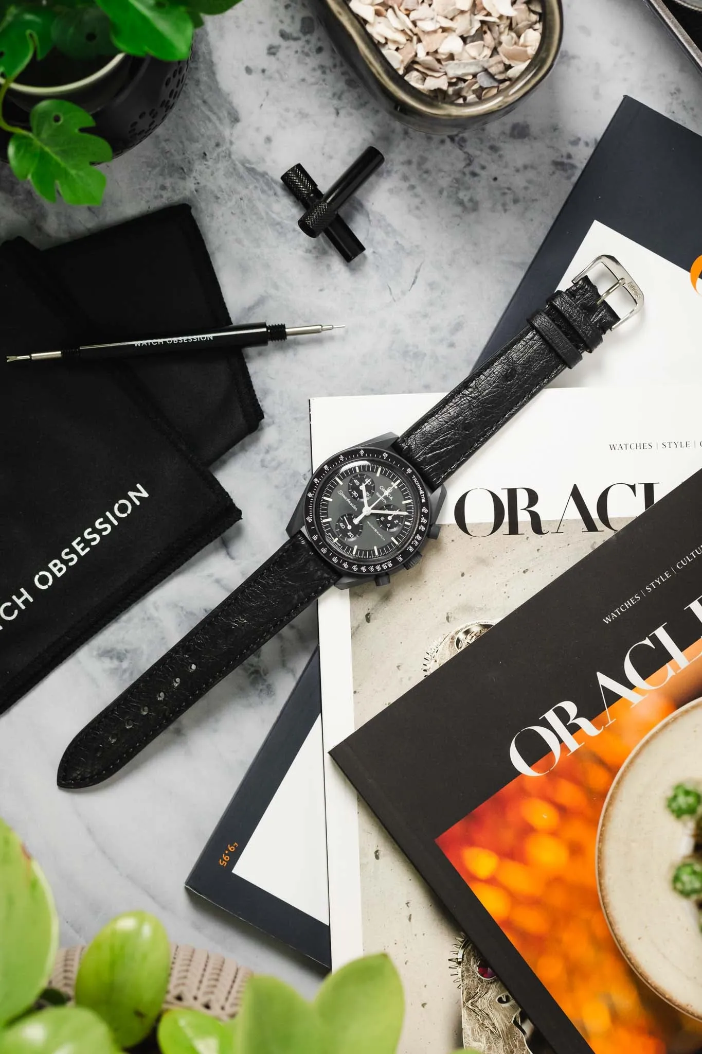 RIOS1931 MAISON Genuine Ostrich Leather Watch Strap in BLACK