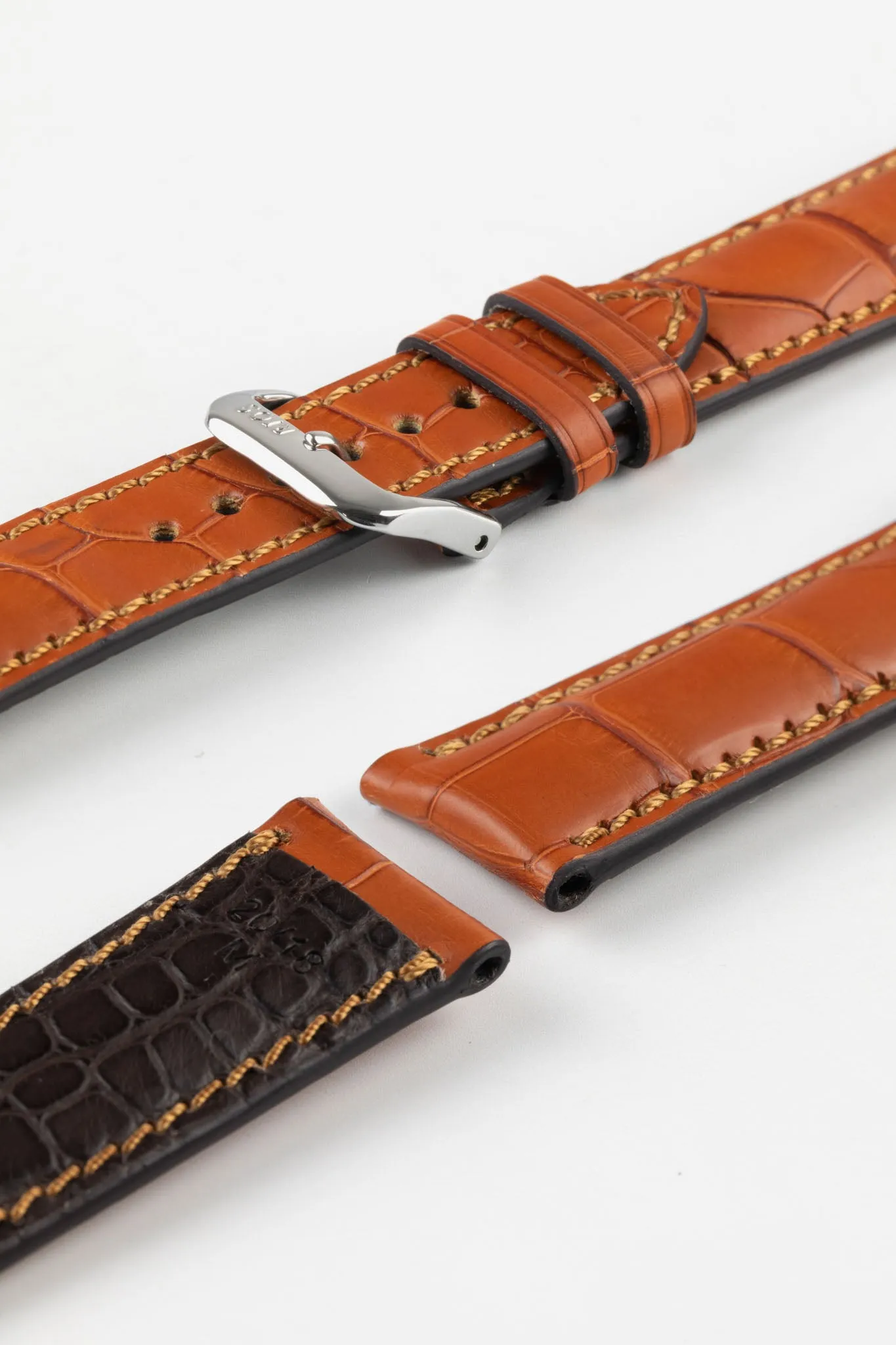 RIOS1931 MONARCH Genuine Alligator Round-Padding Watch Strap in COGNAC