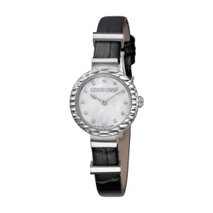 Roberto Cavalli Ladies Watch Black Leather Strap & White Mother Of Pearl Dial Set With Bangle