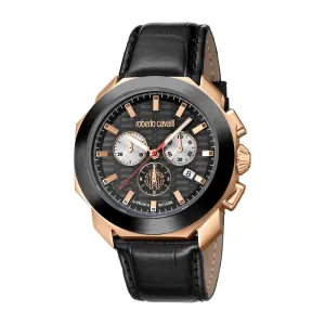 Roberto Cavalli Men's Chronograph Watch Black And Rosegold Color Case With Black Dial & Black Leather Strap