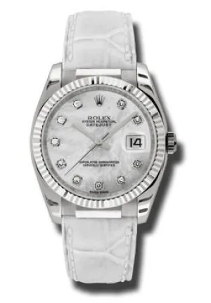 Rolex Datejust Mother of Pearl Diamond Dial 18kt White Gold White Leather Strap Men's Watch 116139MDL