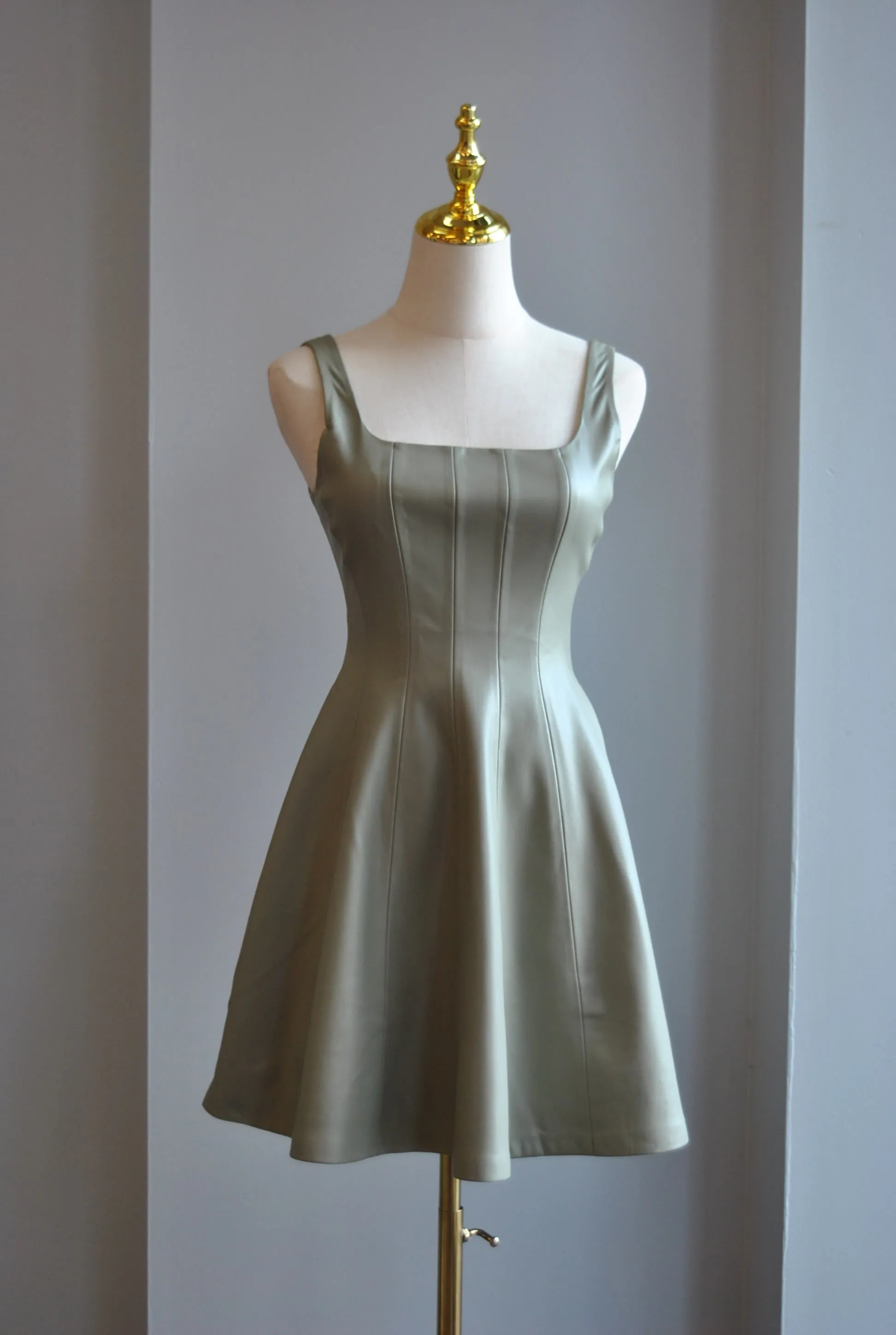 SAGE GREEN  FAUX LEATHER MINI FIT AND FLAIR DRESS