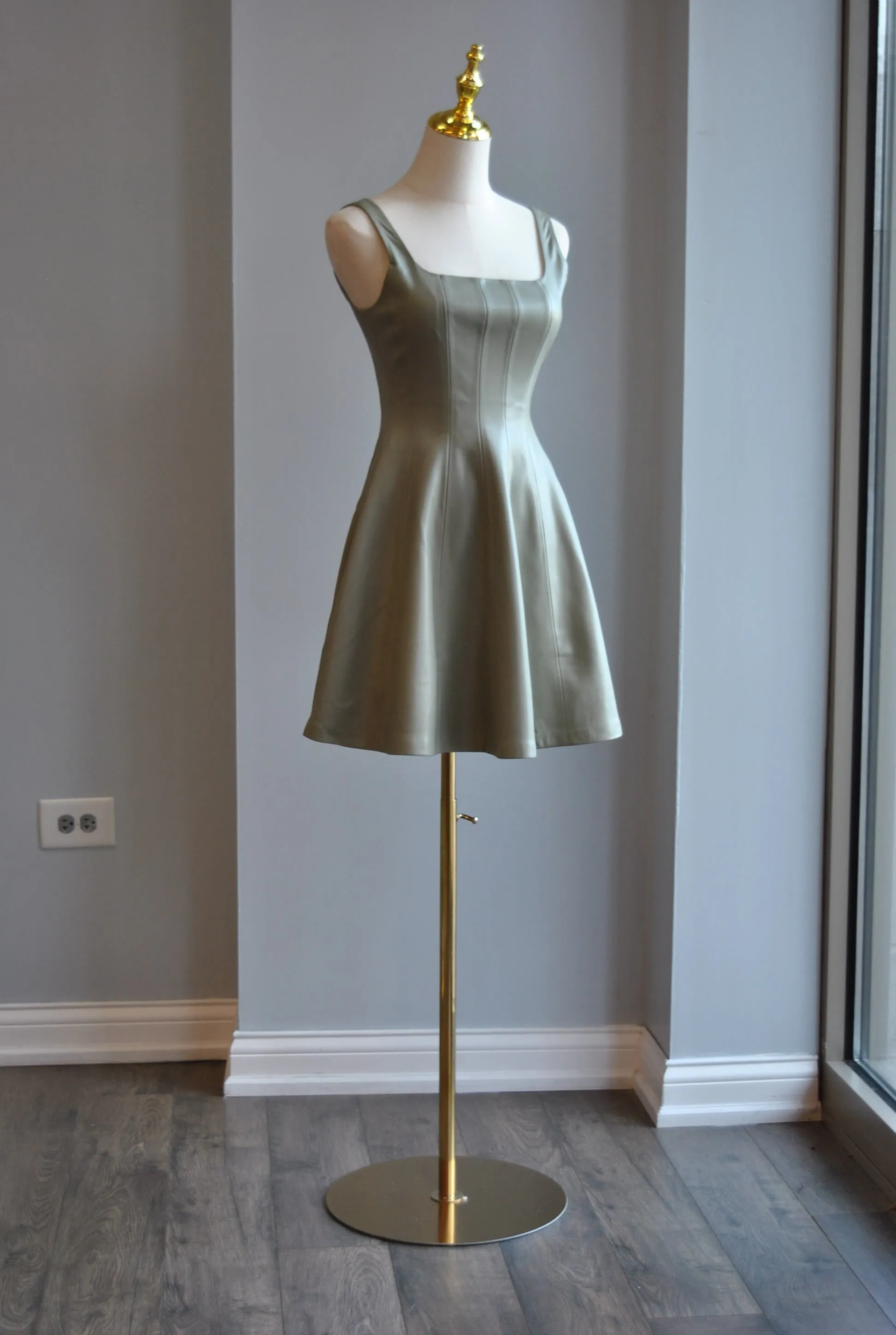 SAGE GREEN  FAUX LEATHER MINI FIT AND FLAIR DRESS