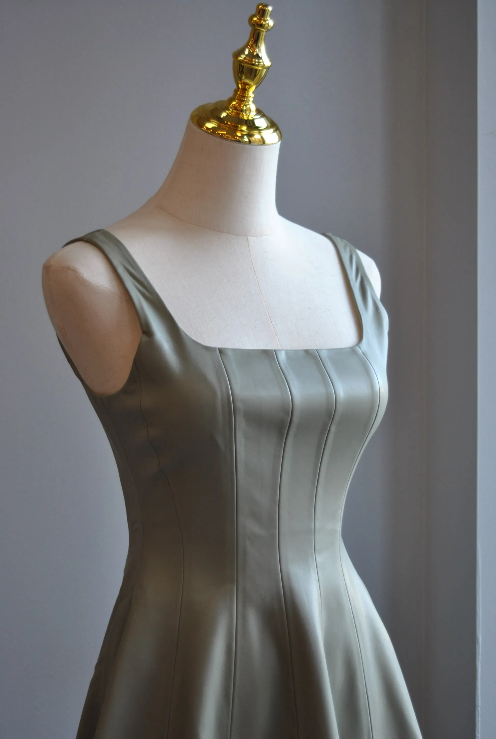 SAGE GREEN  FAUX LEATHER MINI FIT AND FLAIR DRESS