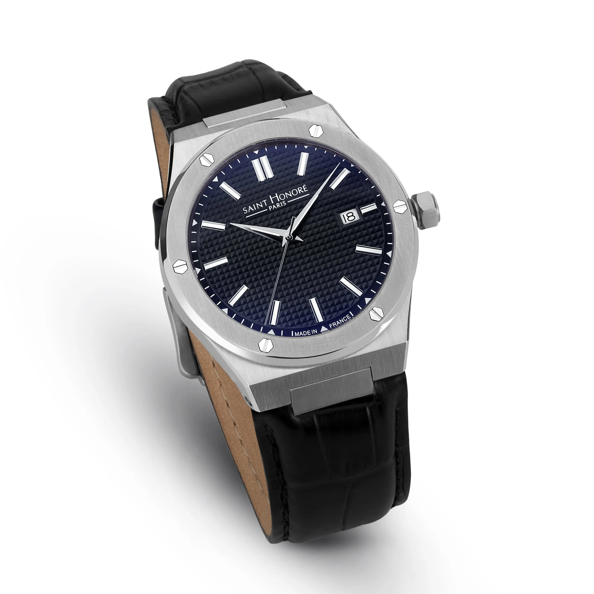 Saint Honore Haussman Gents Black Dial Stainless Steel Silver Case Black Leather Strap Watch