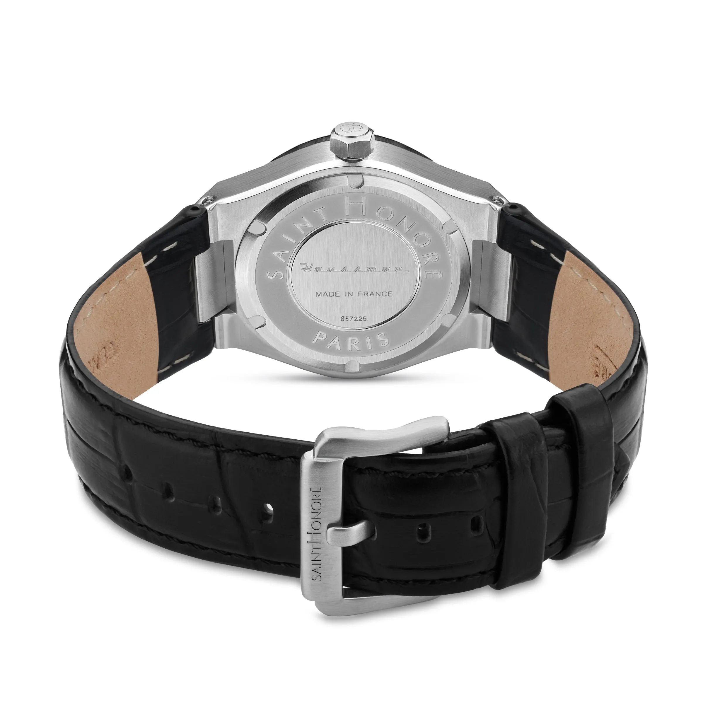Saint Honore Haussman Gents Black Dial Stainless Steel Silver Case Black Leather Strap Watch