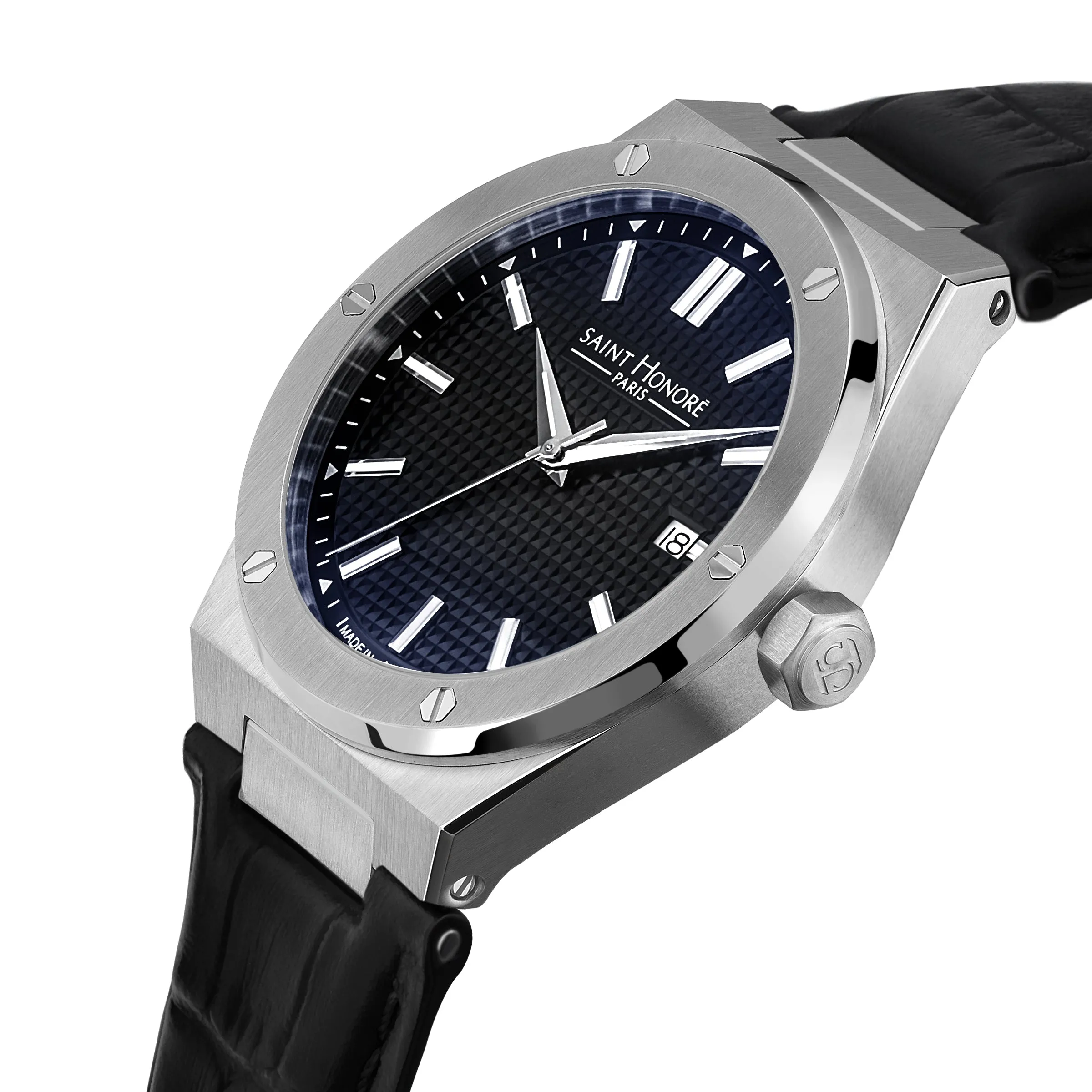 Saint Honore Haussman Gents Black Dial Stainless Steel Silver Case Black Leather Strap Watch