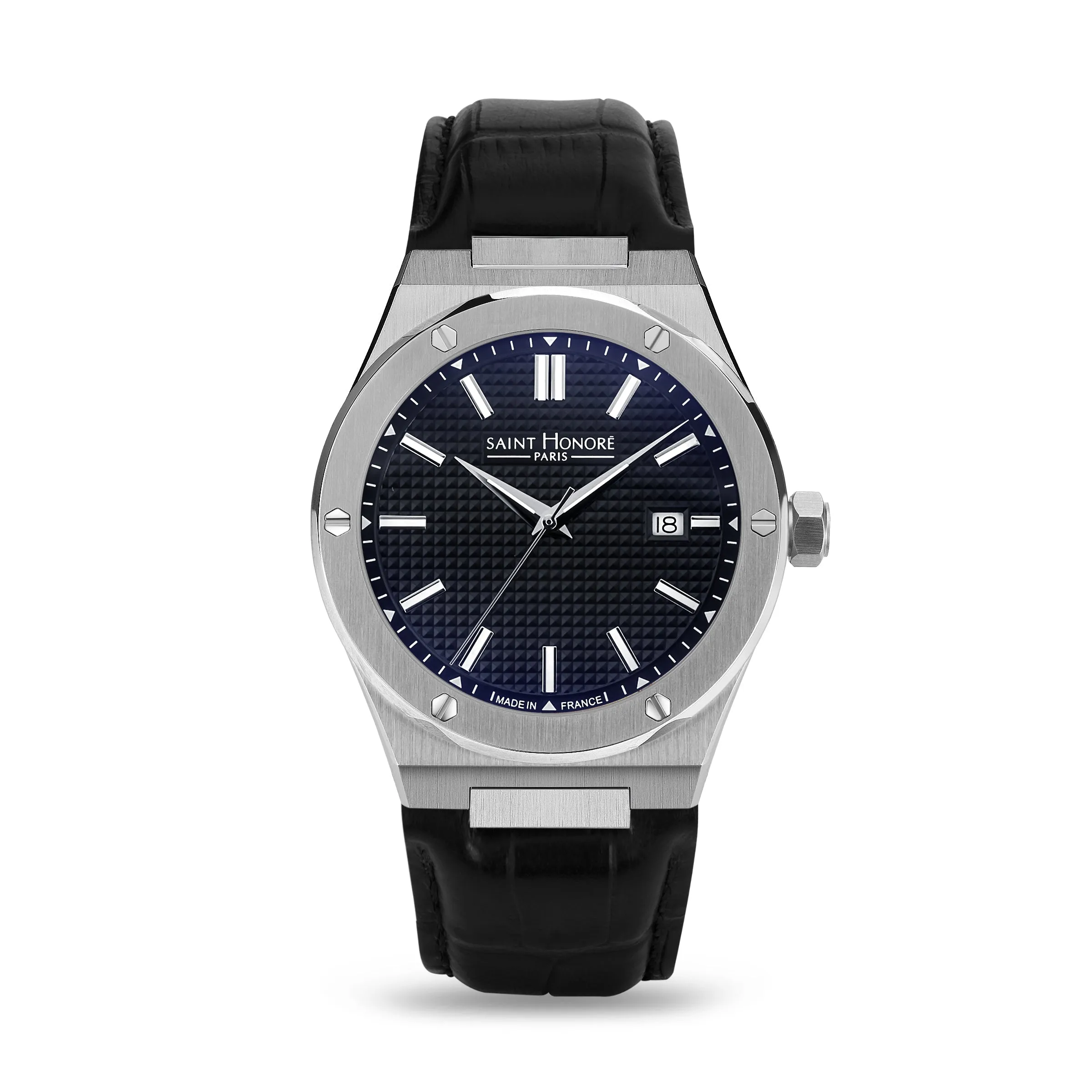 Saint Honore Haussman Gents Black Dial Stainless Steel Silver Case Black Leather Strap Watch