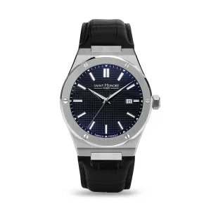 Saint Honore Haussman Gents Black Dial Stainless Steel Silver Case Black Leather Strap Watch