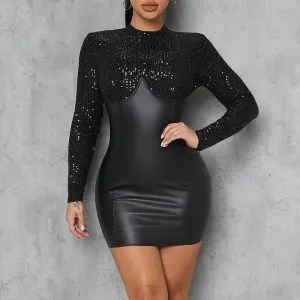 Sequins Long Sleeve PU Leather Patchwork Bodycon Dress