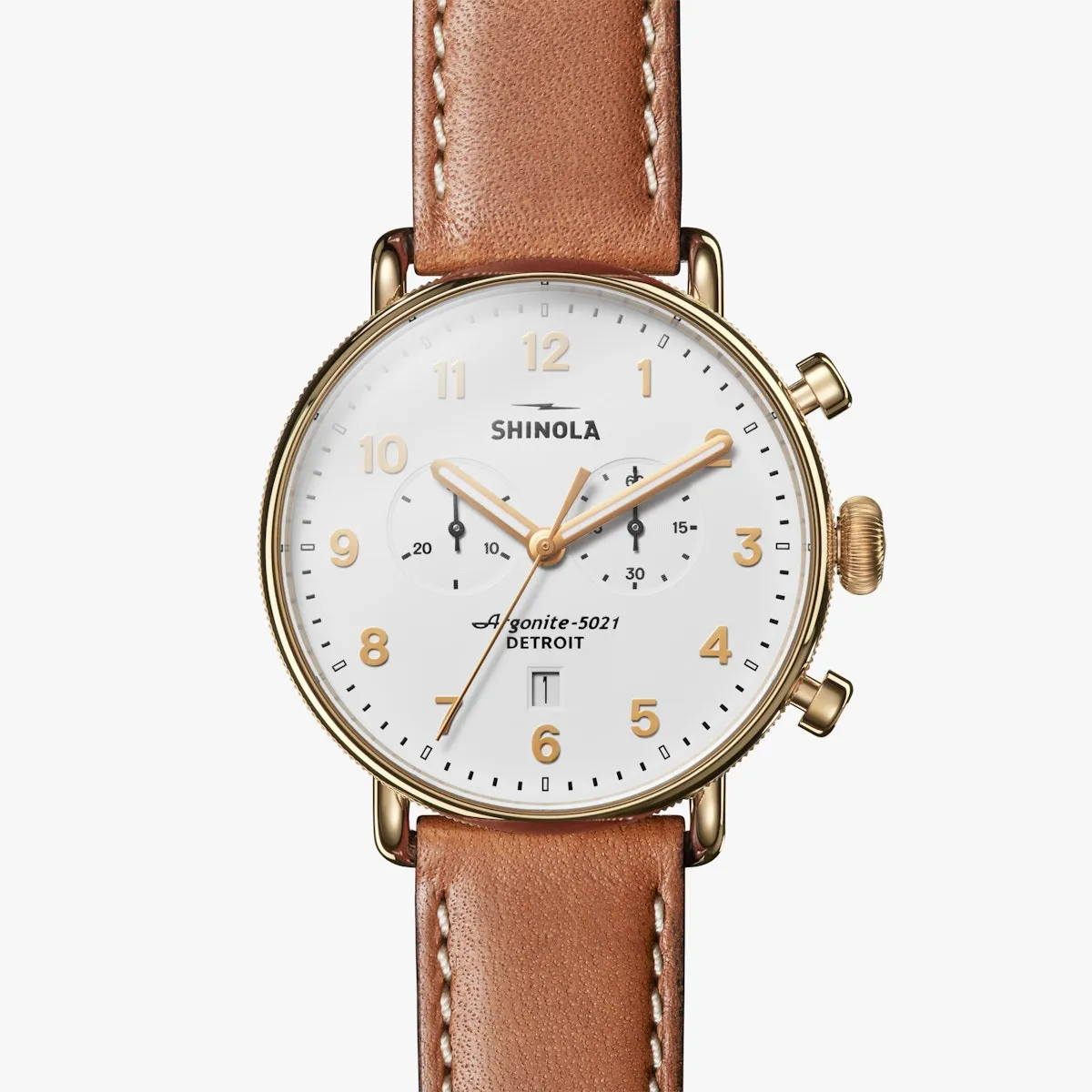 Shinola Canfield Chronograph 43MM, White Dial, Brown Strap