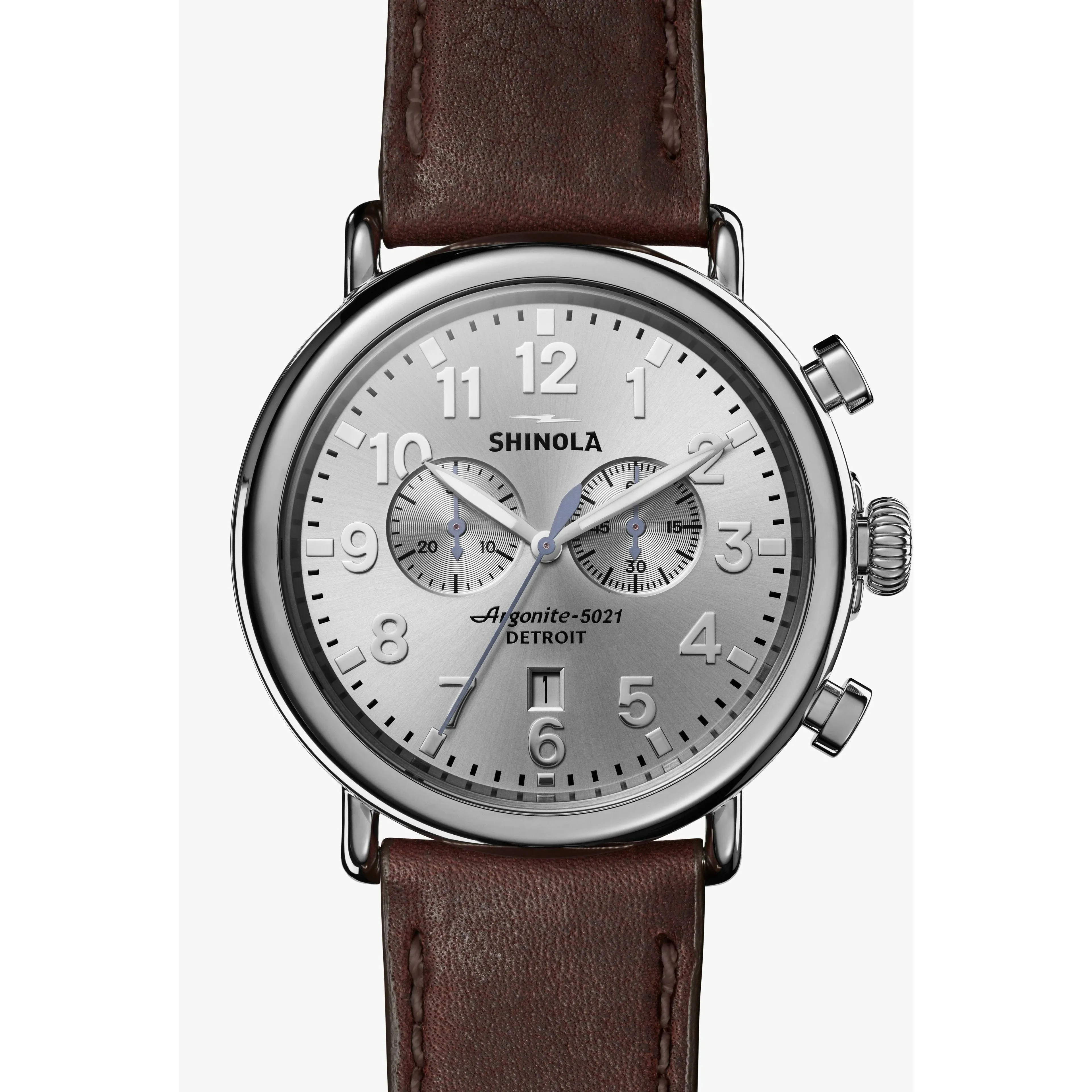 Shinola Runwell 47MM, Silver Chronograph, Brown Strap