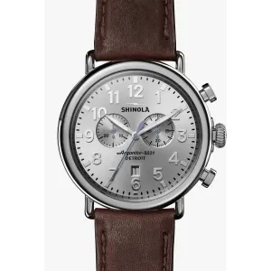 Shinola Runwell 47MM, Silver Chronograph, Brown Strap