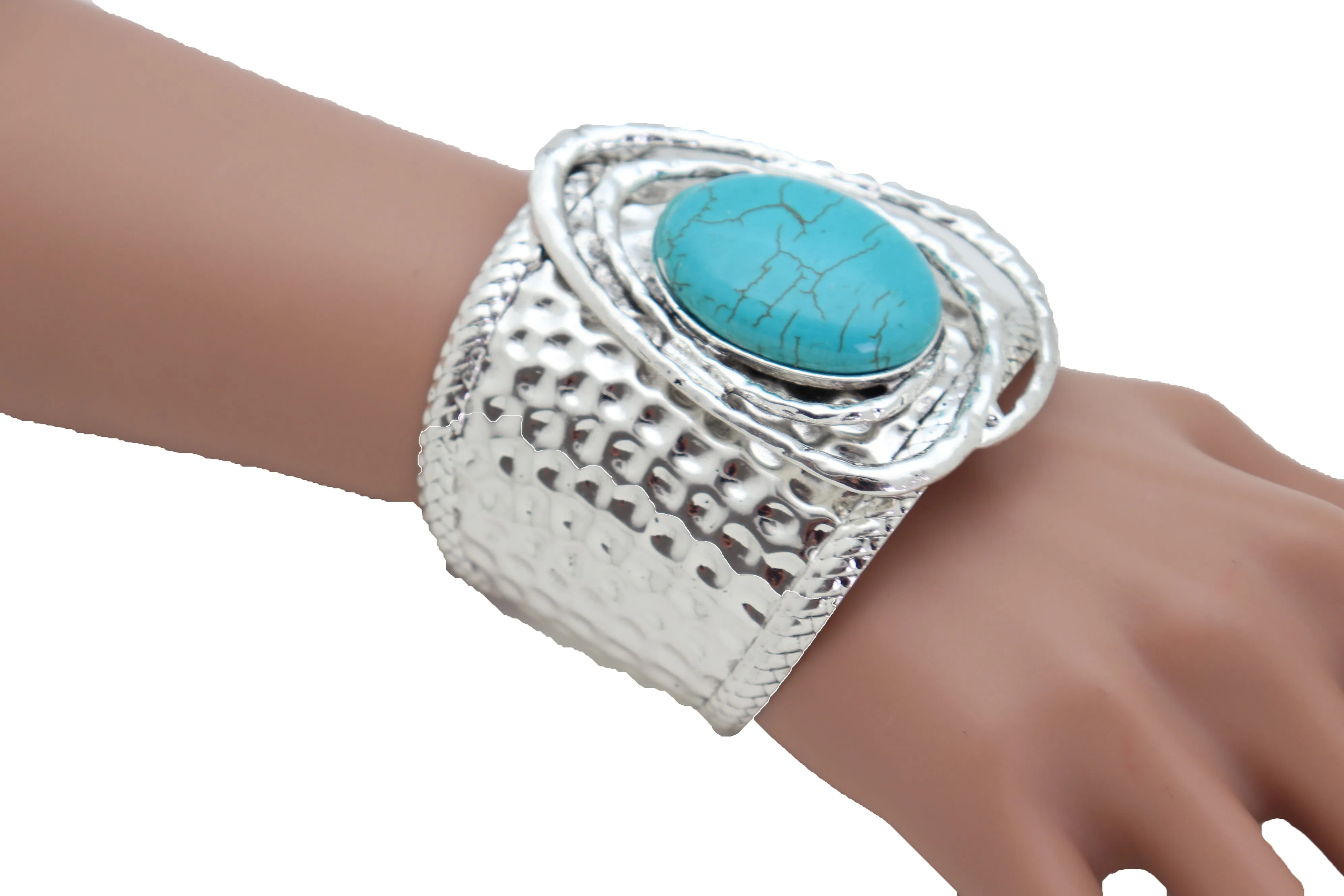 Silver & Turquoise Bead Ethnic Metal Cuff Bracelet