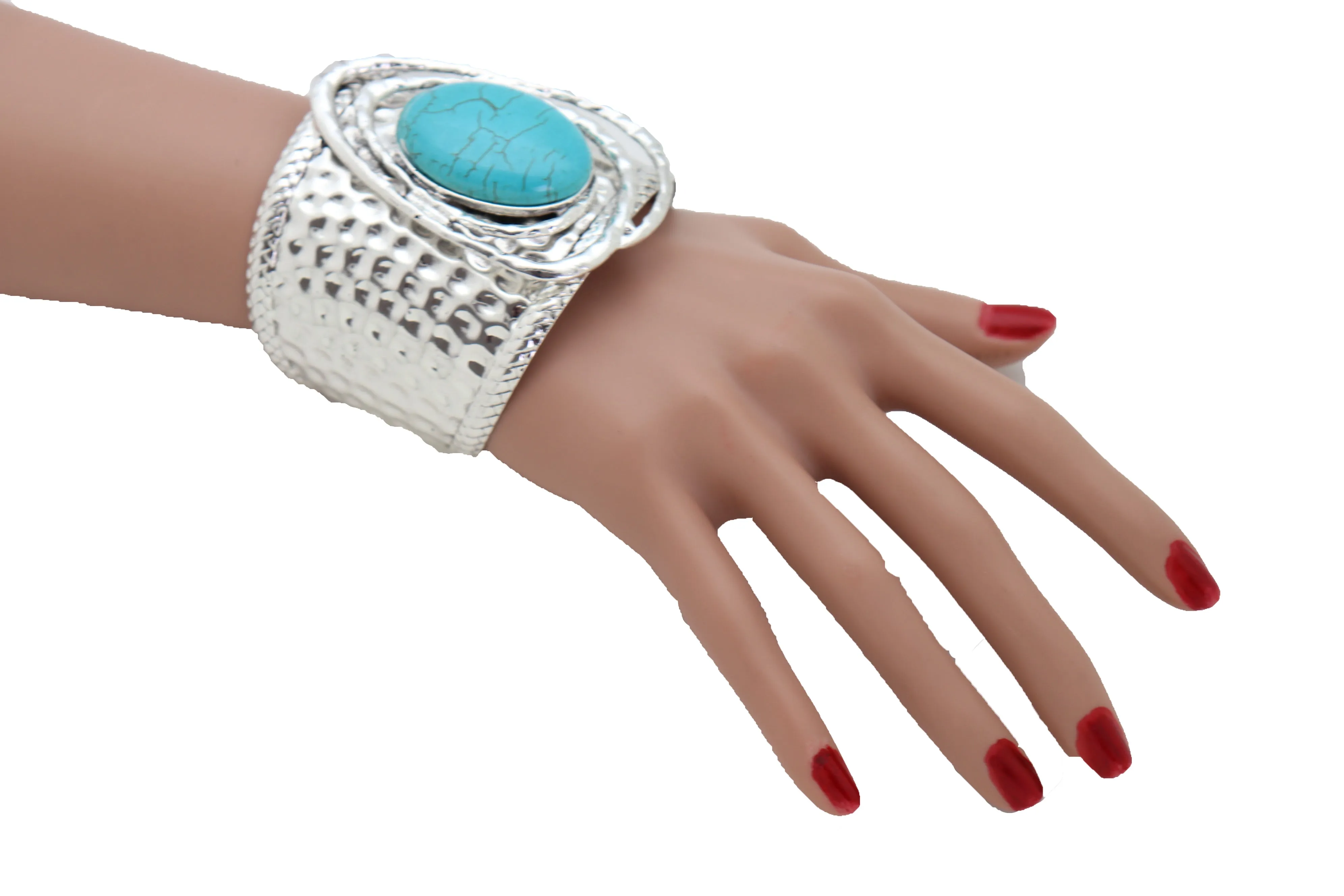 Silver & Turquoise Bead Ethnic Metal Cuff Bracelet