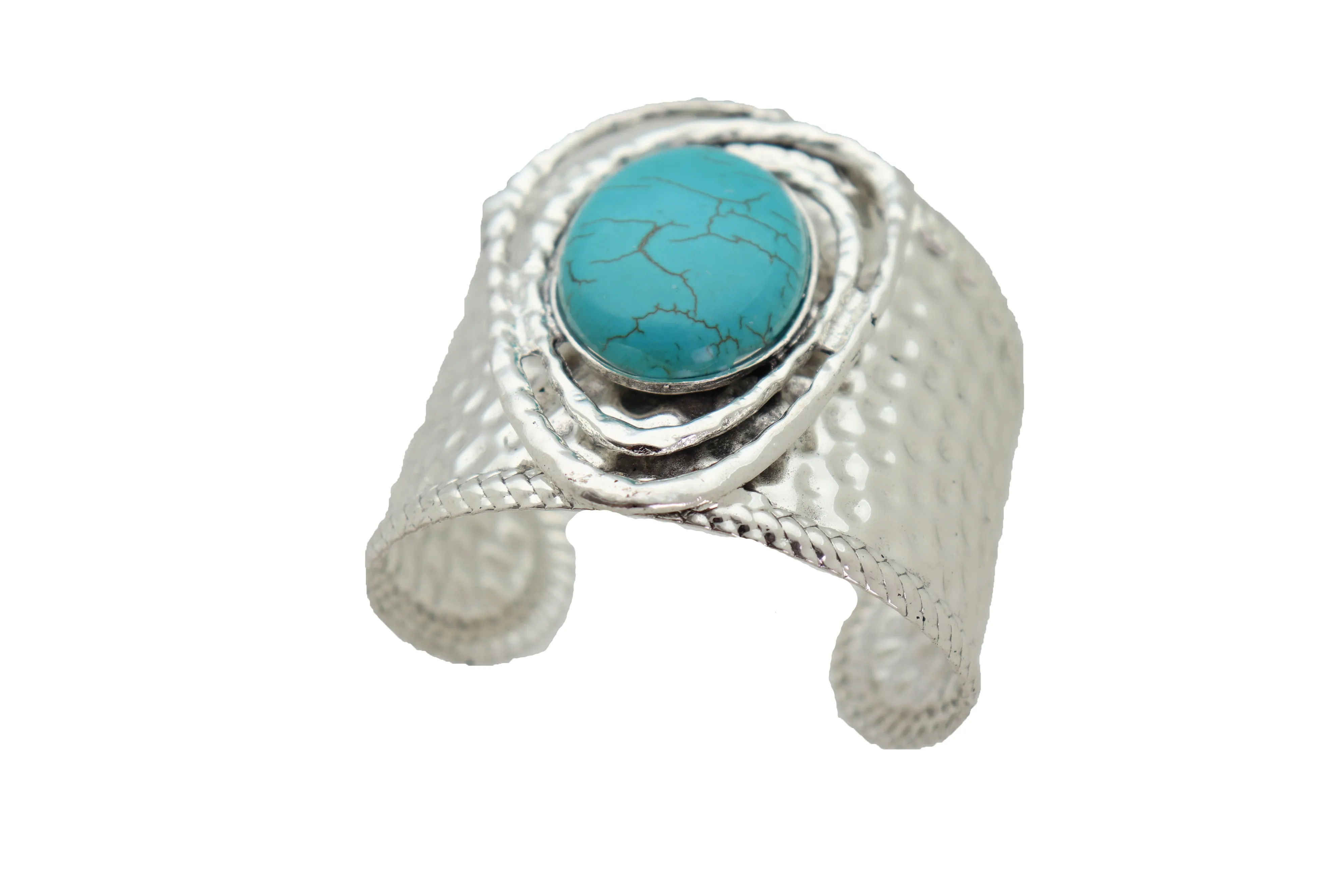 Silver & Turquoise Bead Ethnic Metal Cuff Bracelet