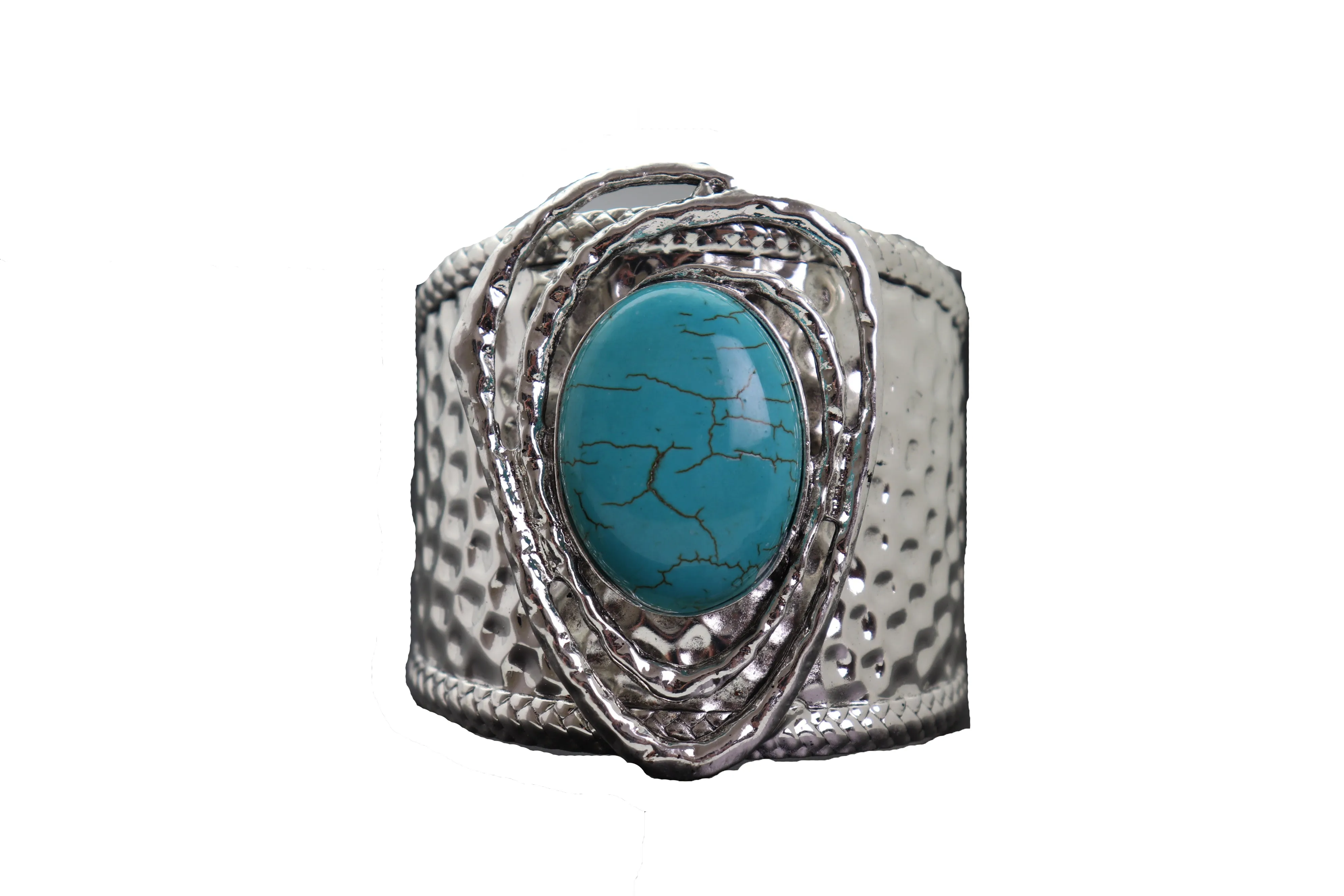 Silver & Turquoise Bead Ethnic Metal Cuff Bracelet