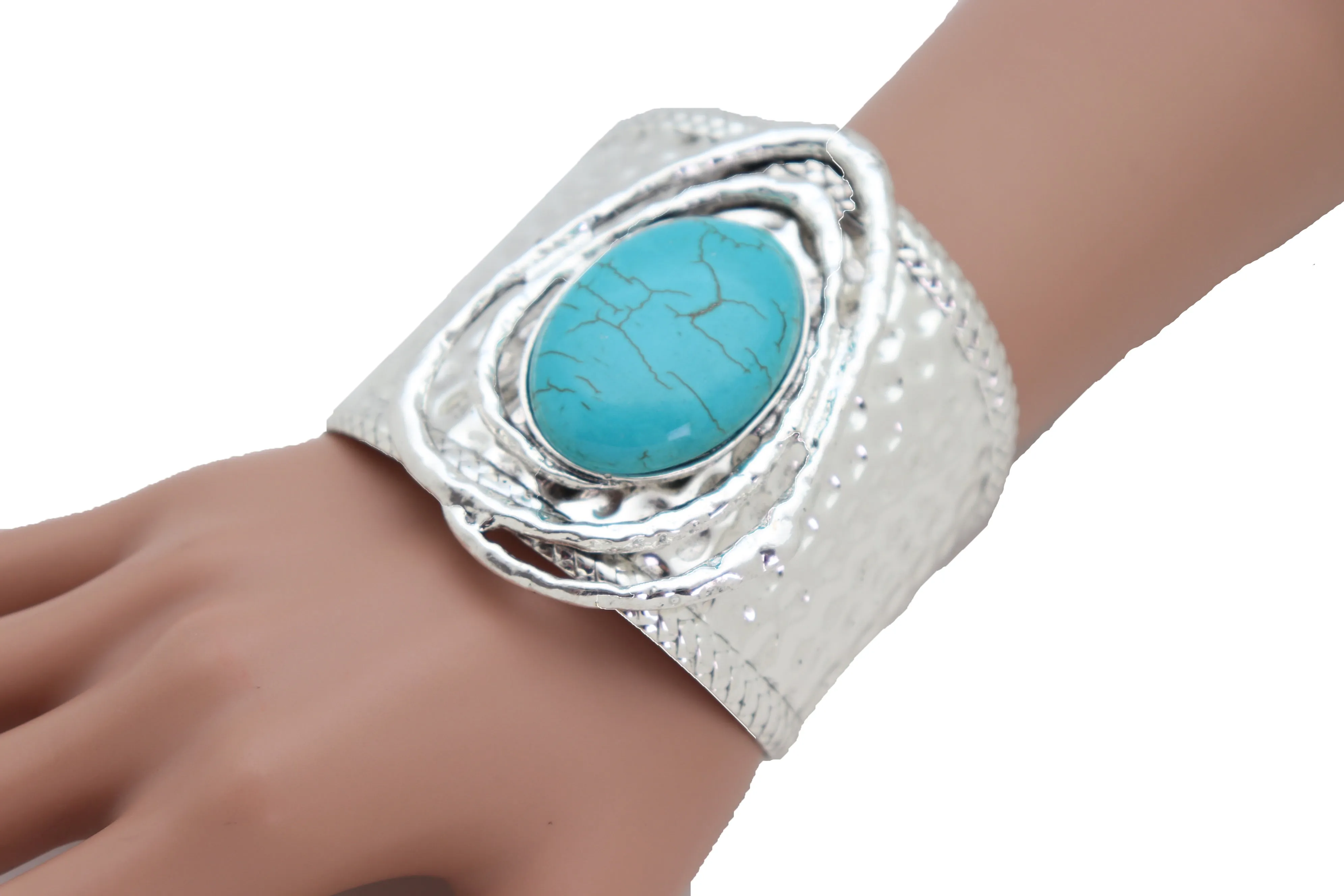 Silver & Turquoise Bead Ethnic Metal Cuff Bracelet
