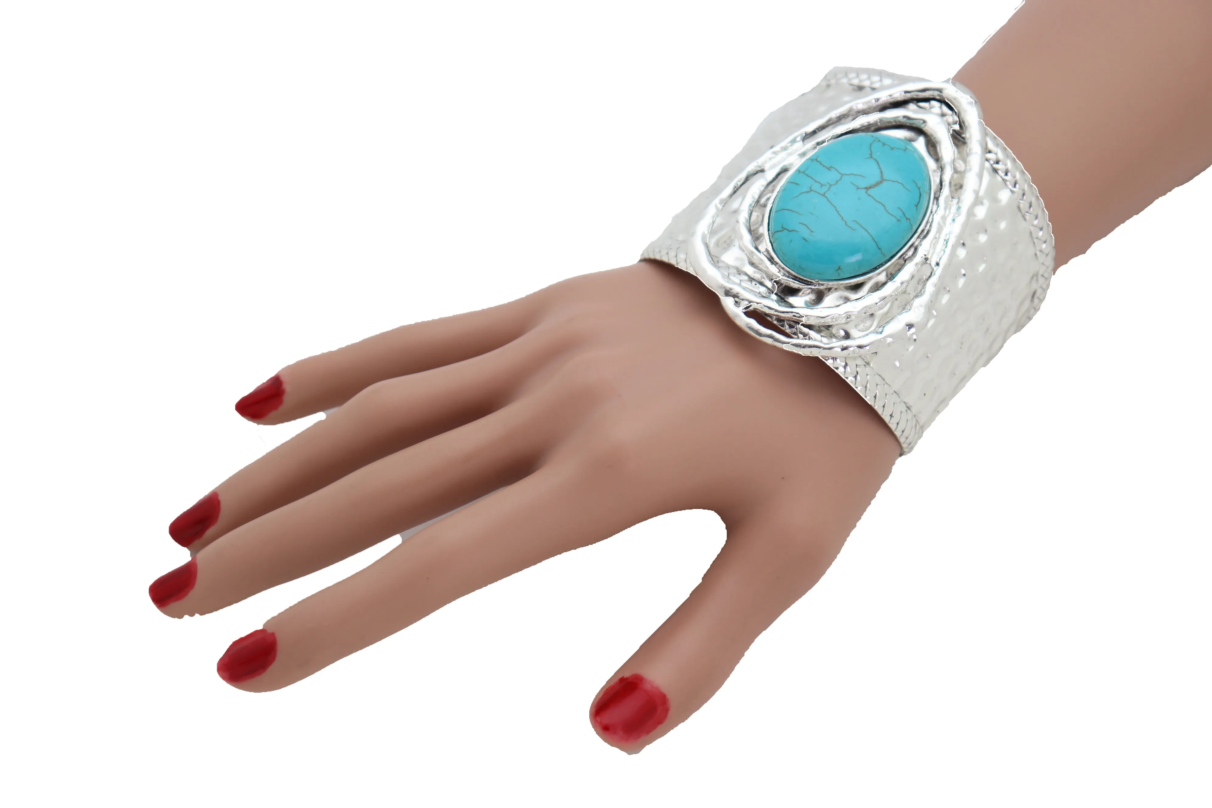 Silver & Turquoise Bead Ethnic Metal Cuff Bracelet