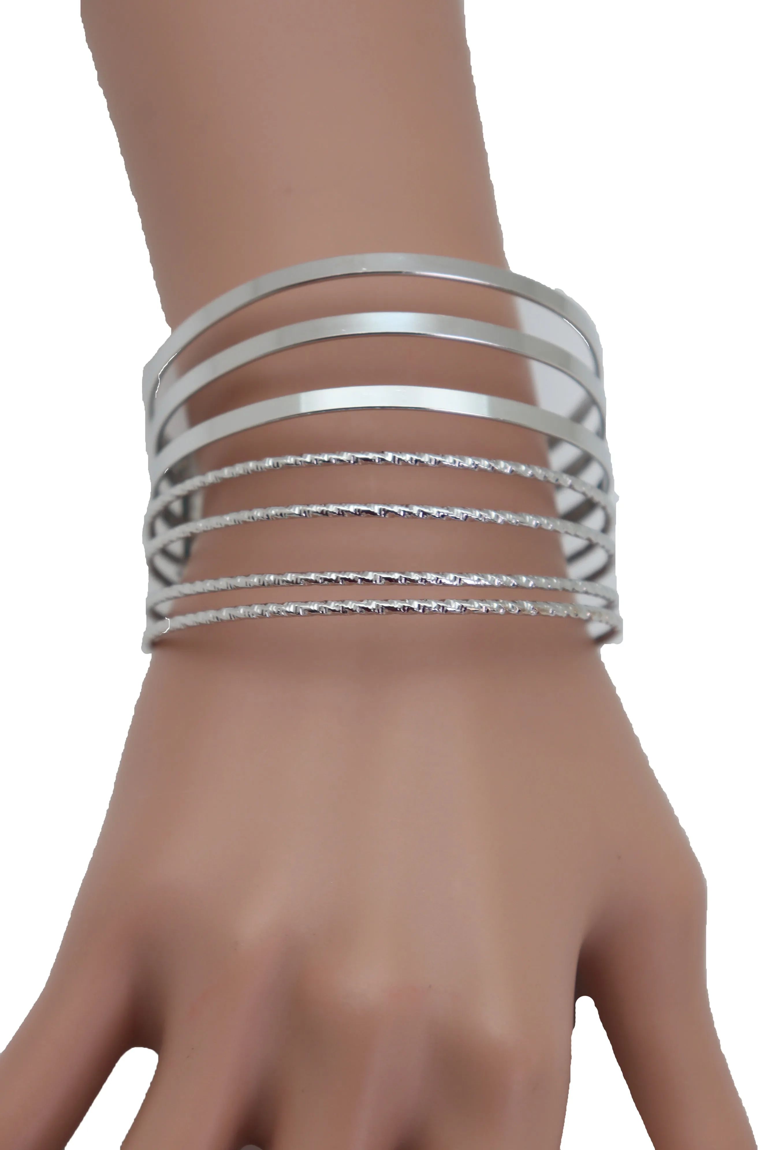 Silver Metal Bangle Cuff Bracelet Jewelry Fashion Stripes Fan Fancy Style