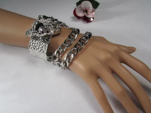 Silver Metal Bracelet Chunky Chains Big Tiger Head Panther Face