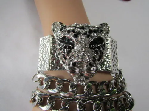 Silver Metal Bracelet Chunky Chains Big Tiger Head Panther Face