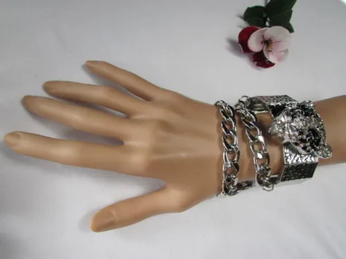 Silver Metal Bracelet Chunky Chains Big Tiger Head Panther Face