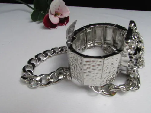Silver Metal Bracelet Chunky Chains Big Tiger Head Panther Face