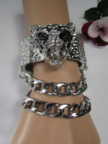 Silver Metal Bracelet Chunky Chains Big Tiger Head Panther Face