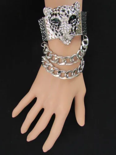 Silver Metal Bracelet Chunky Chains Big Tiger Head Panther Face