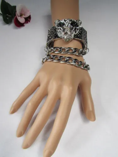 Silver Metal Bracelet Chunky Chains Big Tiger Head Panther Face
