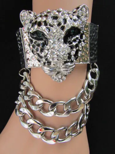 Silver Metal Bracelet Chunky Chains Big Tiger Head Panther Face
