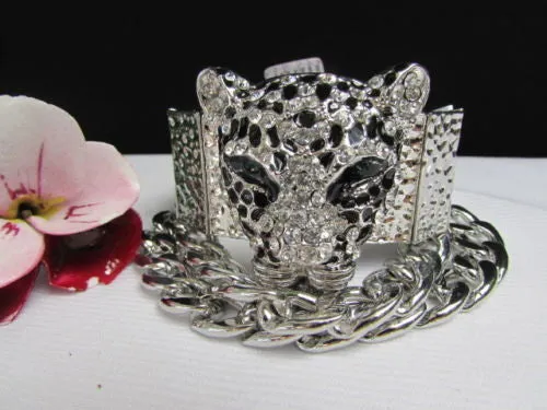 Silver Metal Bracelet Chunky Chains Big Tiger Head Panther Face