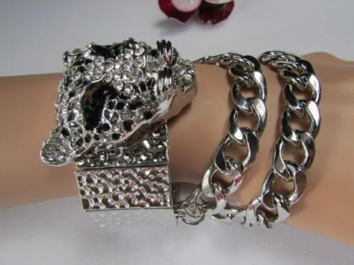Silver Metal Bracelet Chunky Chains Big Tiger Head Panther Face