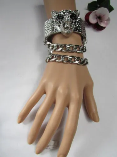 Silver Metal Bracelet Chunky Chains Big Tiger Head Panther Face