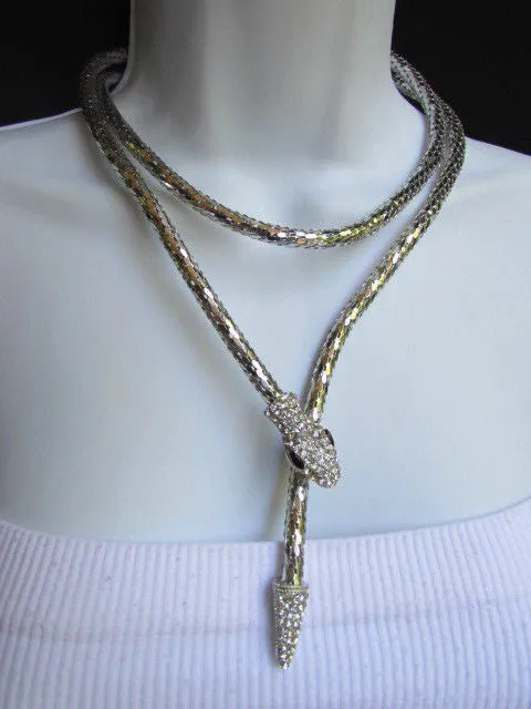 Silver Metal Extra Long Thin Necklace / Bracelet Snake Rhinestones Style Jewelry Accessories