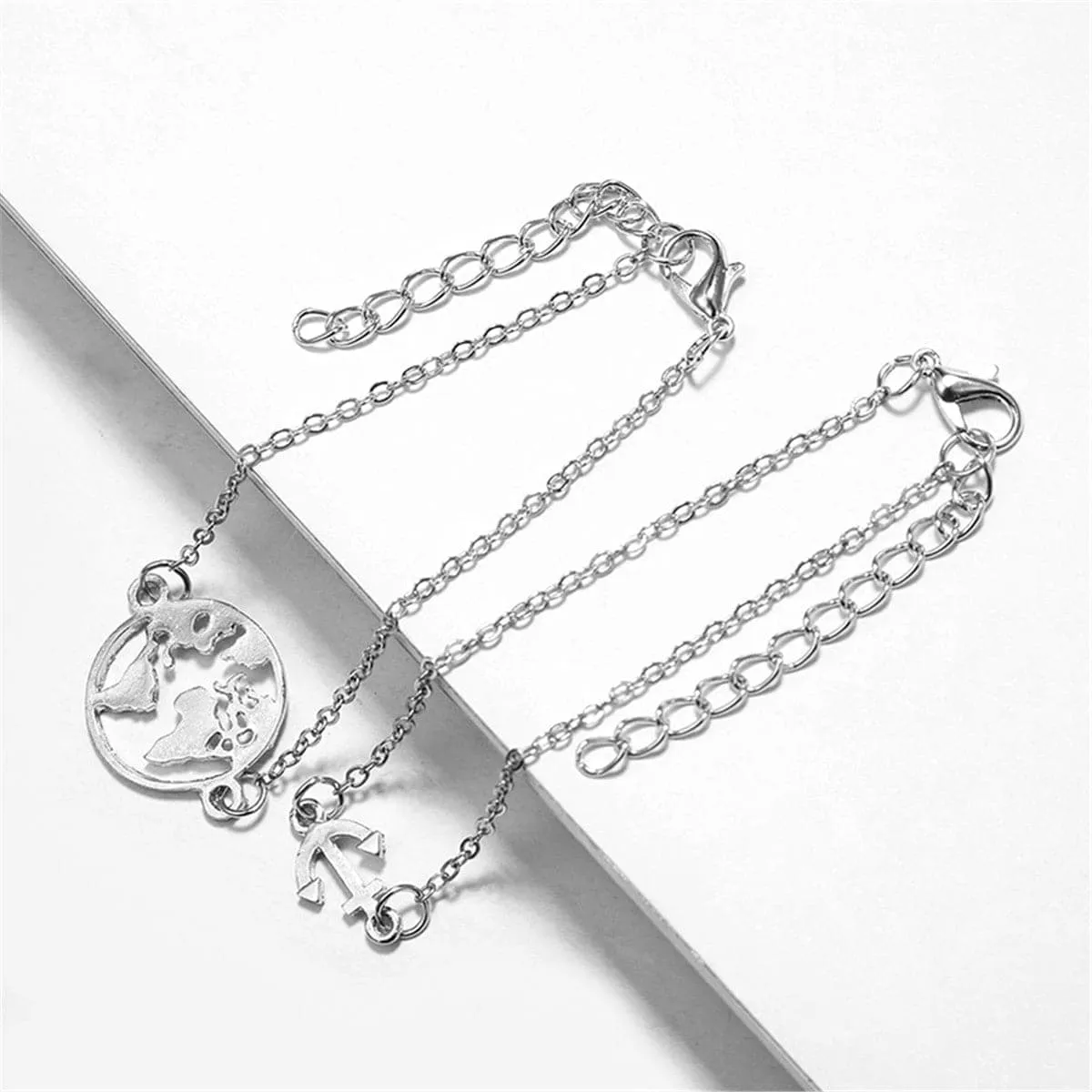 Silver-Plated Bead Shell Map Charm Bracelet Set