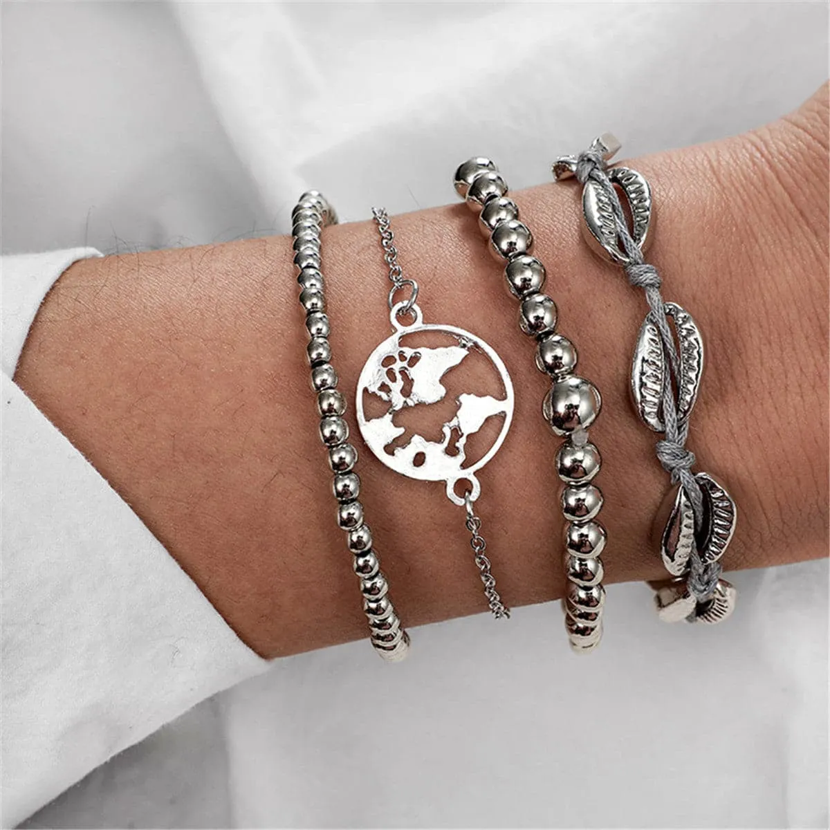 Silver-Plated Bead Shell Map Charm Bracelet Set