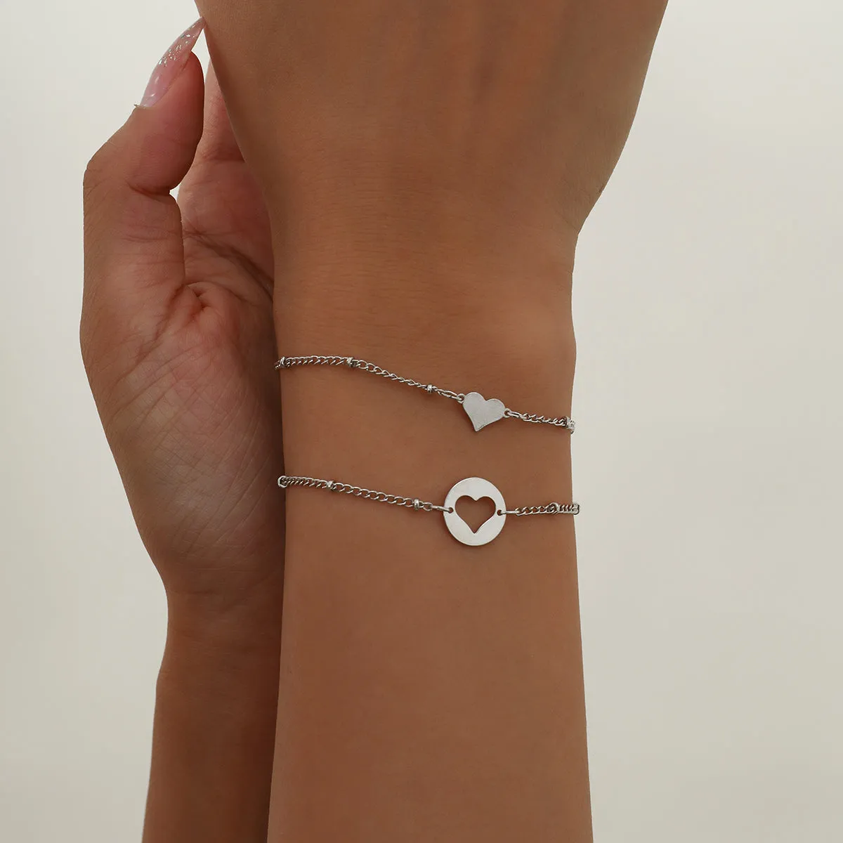 Silver-Plated Openwork Heart Charm Bracelet Set