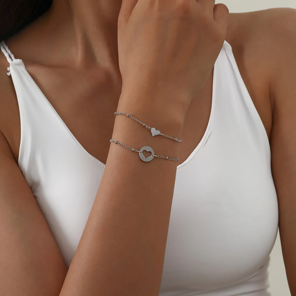 Silver-Plated Openwork Heart Charm Bracelet Set