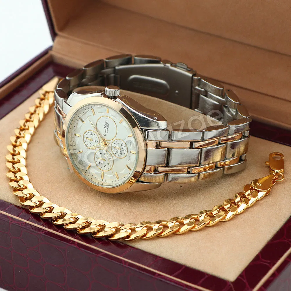 Silver PT Designer Bezel Metal Band Round Watch Diamond Cut Cuban Bracelet G96SG