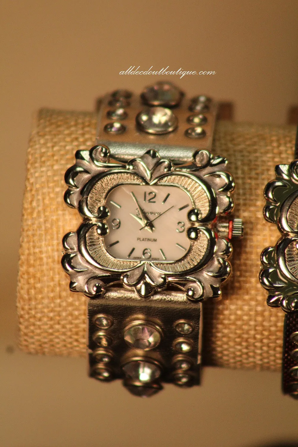 Silver/White Silver Studs & Clear Rhinestones | Leather Band with Buckle Clasp