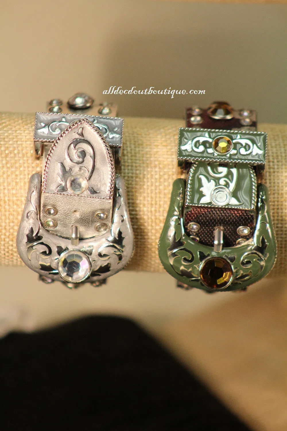 Silver/White Silver Studs & Clear Rhinestones | Leather Band with Buckle Clasp