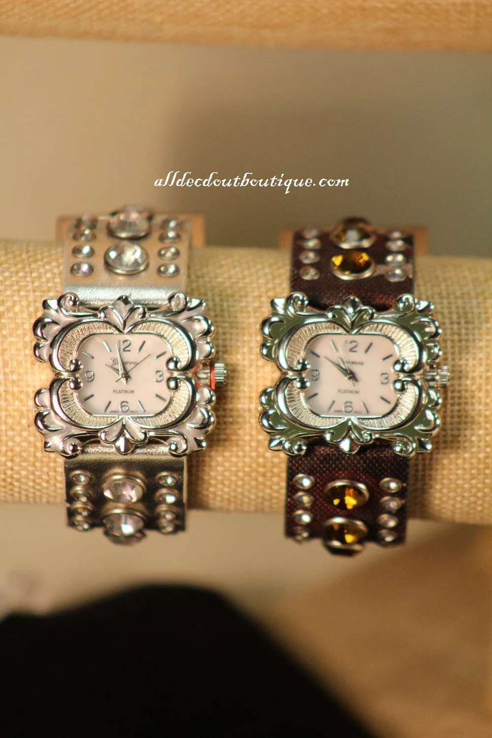 Silver/White Silver Studs & Clear Rhinestones | Leather Band with Buckle Clasp